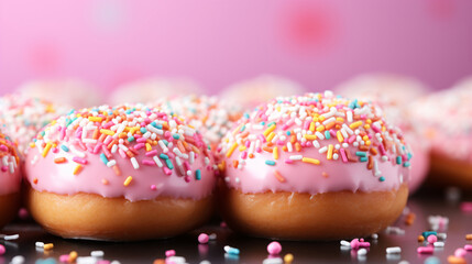 glazed donuts close-up, side view. pastel colors, pink and light blue tones, multi colored dessert. Cookies, pastries, flour products.