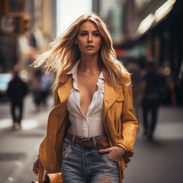 Fototapeta fashion model walking down a new york street, high quality