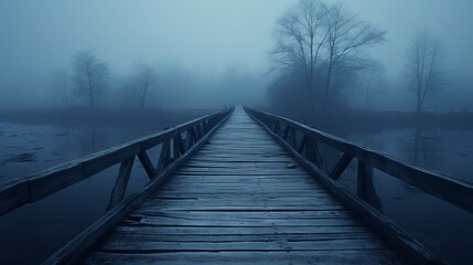 old wooden bridge leading to nowhere in the fog, broken, gloomy dark blue, mysterious, loneliness,...