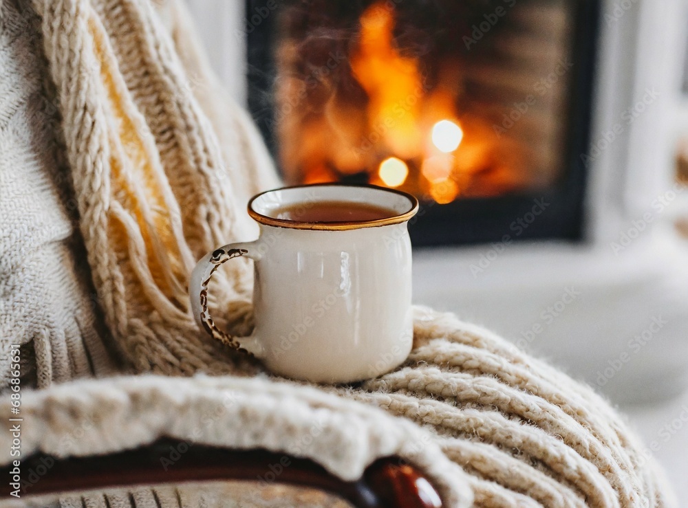 Sticker Coffee mug at home, fire at background. Winter holiday at home concept