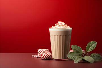 Delicious Peppermint Latte on a Red Background with Space for Copy