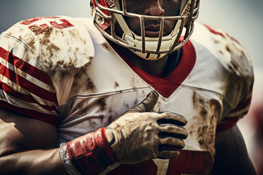 Cropped close-up portrait of muscular American football player holding the ball. A determined athlete in soiled uniform, helmet and gloves fighting for victory in the stadium field sparing no effort.