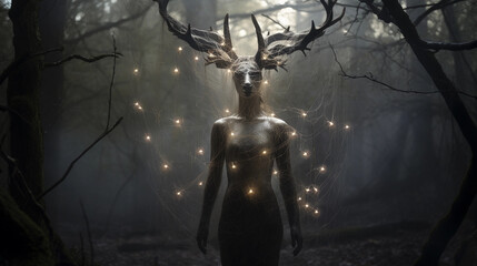 Dreamlike surreal portrait in a forest, subject with antlers, skin textured like tree bark, surrounded by floating orbs of light - obrazy, fototapety, plakaty