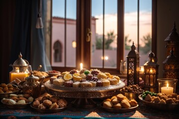 table with various Middle Eastern desserts and tea. There are plates and bowls of sweets like baklava, cookies, nuts, dates, syrup, etc... It has lighting coming through the window and a soft style. - obrazy, fototapety, plakaty