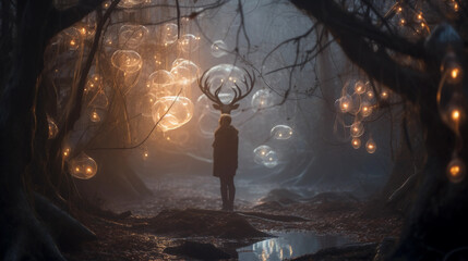 Dreamlike surreal portrait in a forest, subject with antlers, skin textured like tree bark, surrounded by floating orbs of light - obrazy, fototapety, plakaty