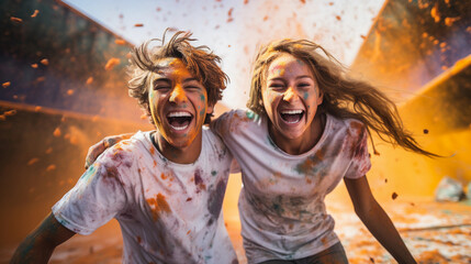 Dynamic sibling portrait during a paint fight, bursts of color on white t-shirts