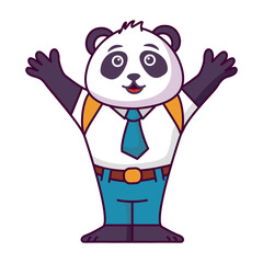 Cartoon panda going to school.A joyful cute lion cub in a school uniform with bag .Kid kawaii tropical animal go to school.Animalistic childish character.Cute animal student.Back to school.