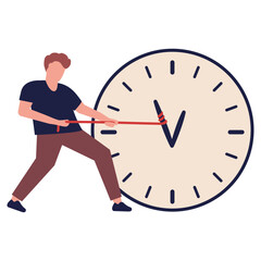 Time management people. Team working together.Clock controls the time of work and tasks.Multitasking organization of process. Vector flat illustration.People with timers clock. Work deadline.