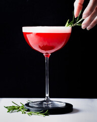 Christmas cocktail with a rosemary spring being placed as a garnish
