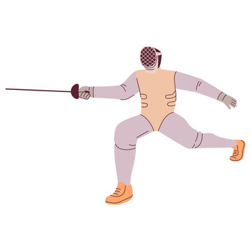 Fencing player with foil or rapier.Fencer cartoon man character.Fencing athlete during fight.Vector flat illustration.Isolated on white background.Fencing sport. 