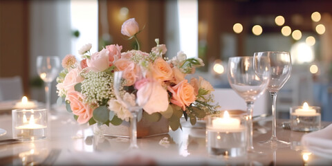 Table arrangement with pink roses, for a wedding event,  or birthday