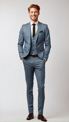 Fototapeta premium Charming young redhead businessman in a grey suit, full-length portrait with a confident stance