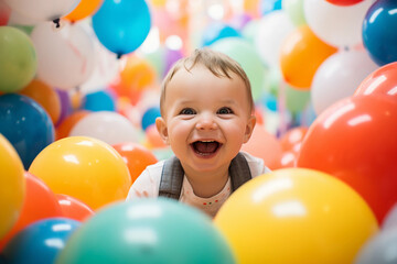 Fototapeta na wymiar Toddler's first birthday portrait, colorful balloon background, bright and festive