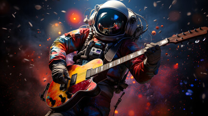 Astronaut playing guitar on space with colorful background