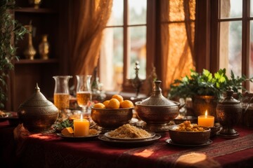 Fototapeta na wymiar table with various Middle Eastern desserts and tea. There are plates and bowls of sweets like baklava, cookies, nuts, dates, syrup, etc... It has lighting coming through the window and a soft style.