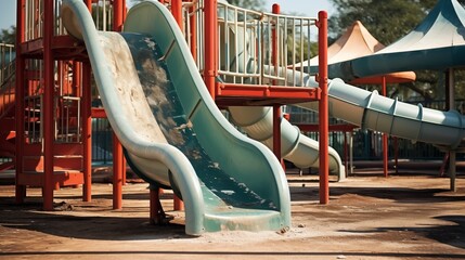 Old and abandoned playground slide, left in disrepair, poses a potential danger to players. A cautionary image emphasizing the need for safety measures in recreational spaces.
