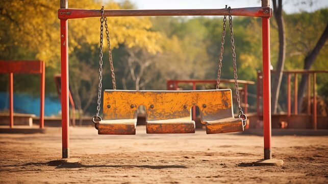Aged playground swing stands in a children's play area, showcasing the nostalgic charm of vintage play equipment. A scene of childhood memories and simplicity.