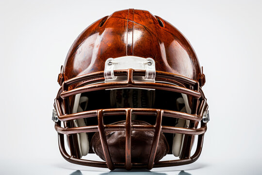 Front view of red American football helmet isolated on a white background. Protective helmet with mask, inner pads and chin support. Today's football helmets use advanced materials and design elements