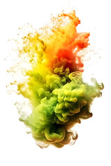 Red yellow green smoke on white background in a vertical flame shape, colorful smoke explosion on white canvas 