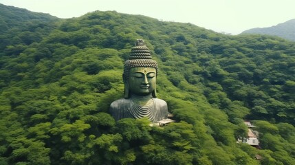 a green buddha statue on the top of a hill, in the style of hyper-realistic atmospheres, video montages, hindu art and architecture, mote kei, exaggerated facial features, travel, aerial view