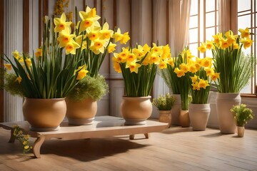 daffodils in vase plant bas-alleviation, extravagance inside of room