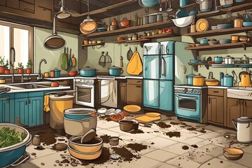 kitchen with food fell on the floor vector design