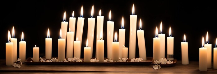 Burning scented candles for relax on wooden tableGenerative AI.