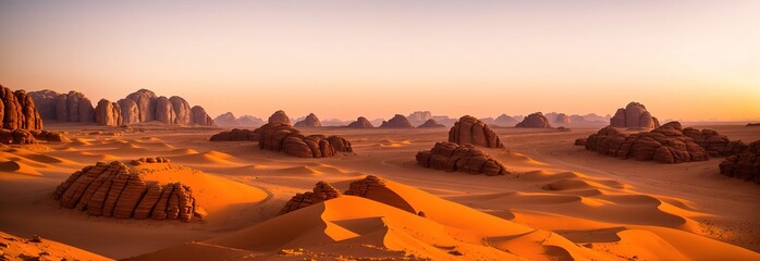 Fototapeta premium Dry desert landscape. Hot lifeless sand, Generative AI.