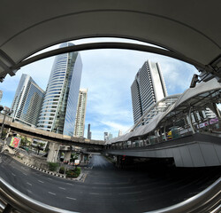 Fish eye lens.Blue sky cloud city urban building architecture sky scraper view business modern city...