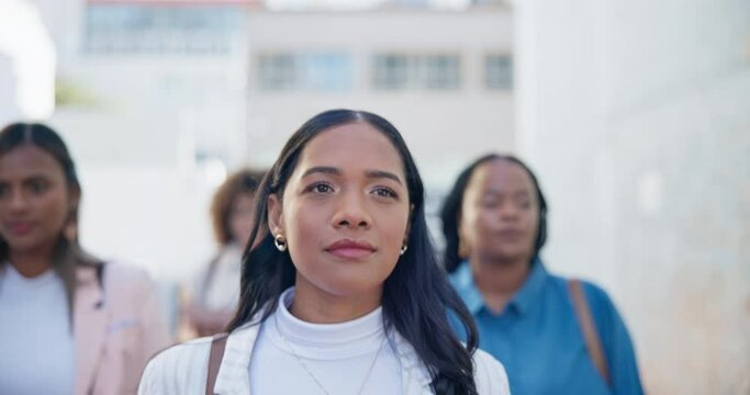 Walking, face and business women at the office for collaboration, teamwork or meeting together. Diversity, confidence and portrait of professional female corporate lawyers outdoor modern workplace.