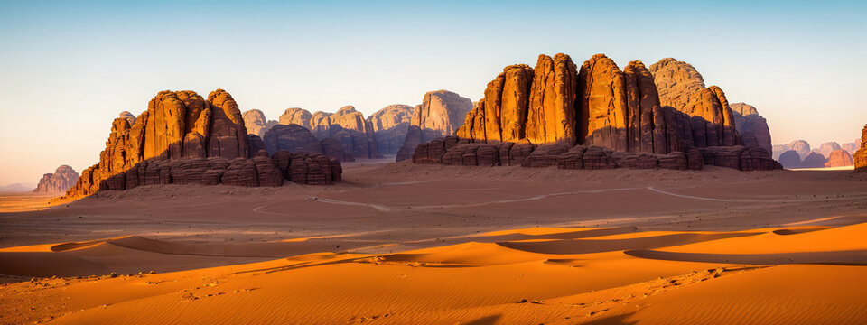 Dry desert landscape. Hot lifeless sand, Generative AI. © Budjak Studio