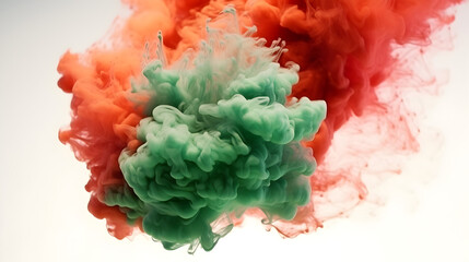 Contrasting Chroma: Red and Green Swirling Fumes on Abyssal White Canvas - Vivid Shades Coalescing in Enigmatic Whirls