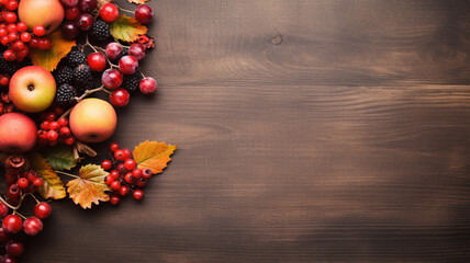 autumn composition. frame with red berries, leaves, acorns and rowan berries on a brown wooden background