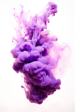 Purple smoke explosion on white background that looks like a flame, Vibrant Purple Smoke Flame: Dynamic Vertical Explosion on White © Marc