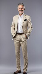 Middle-aged white businessman in a beige suit, full-length, with a warm smile and a modern, professional appearance