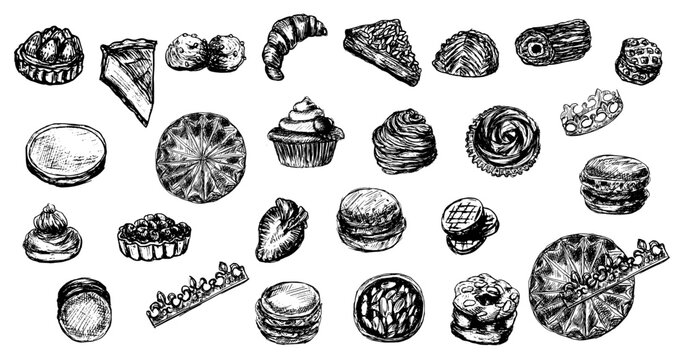 French pastries set ink sketch: king cake, croissant, chouquettes, macaroons, almond pie, marshmallow, chocolate cake, apple slippers 