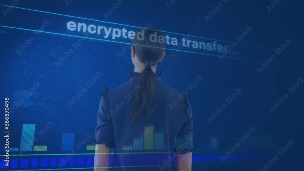Poster animation of interface with data processing over rear view of businesswoman against blue background