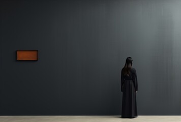 a woman from behind looking at a black wall, minimalistic japanese, white background