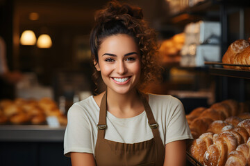 Happy small pastry shop owner, smiling proudly at her store. Cheerful female baker working at her...