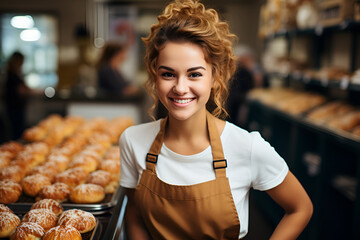 Happy small pastry shop owner, smiling proudly at her store. Cheerful female baker working at her shop - obrazy, fototapety, plakaty