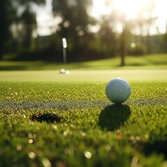Close-up of a golf ball on a golf course green, an active outdoor game