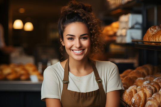 Happy small pastry shop owner, smiling proudly at her store. Cheerful female baker working at her shop