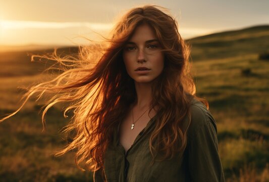 a woman with long hair standing in a field at sunset, australian landscapes, iconic rock and roll imagery, .