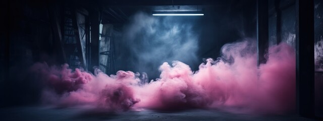 Black stage with pink smoke below, like fog on the floor. In a dark room. - obrazy, fototapety, plakaty