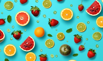 an array of fruit on a blue background, colorful patterns, green and aquamarine