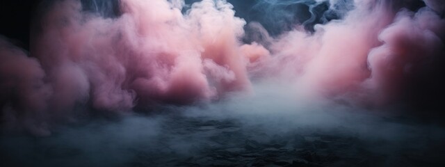 Black stage with pink smoke below, like fog on the floor. In a dark room. - obrazy, fototapety, plakaty