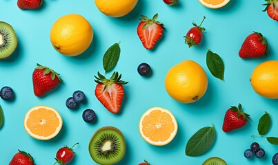 an array of fruit on a blue background, colorful patterns, green and aquamarine