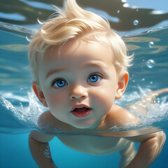 Fototapeta na wymiar Cute baby swimming underwater in the pool. 3d rendering. - AI generated illustration