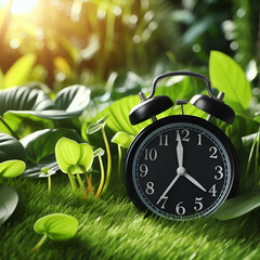 alarm clock on green grass