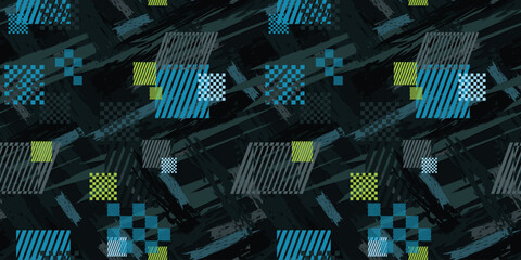 Seamless geometric pattern on grunge dark background. Squares ornament. Squares textured print. - obrazy, fototapety, plakaty